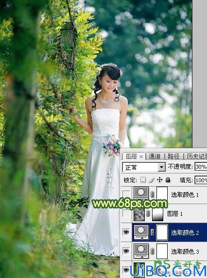 Photoshop婚纱照调色实例：给树林中的美女婚纱照调出甜美的橙黄色风格