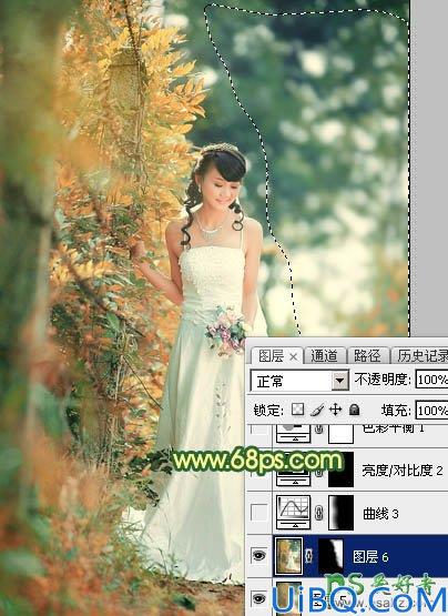 Photoshop婚纱照调色实例：给树林中的美女婚纱照调出甜美的橙黄色风格