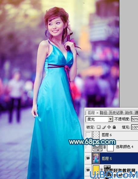 Photoshop美女照片调色教程：给可爱的街景美女照调出时尚的青蓝色