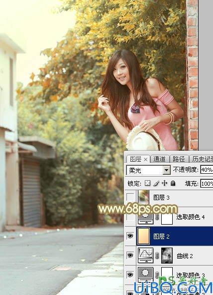 Photoshop给村间小路上自拍的阳光女孩儿艺术照调出绚丽的秋季色