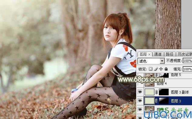 Photoshop调色实例教程学习：给黑丝袜树林风景中的MM调出淡暖色