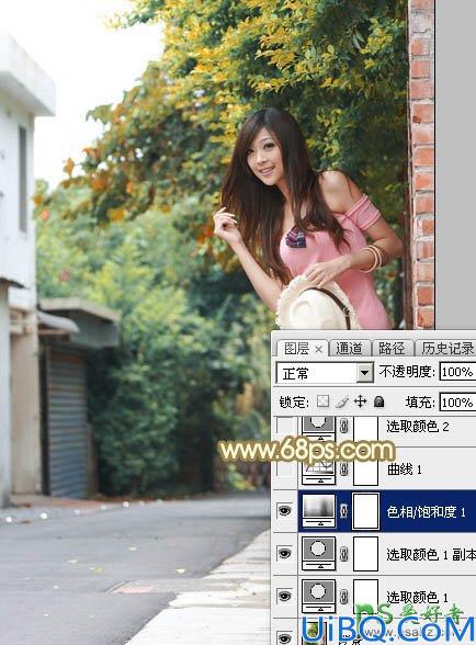 Photoshop给村间小路上自拍的阳光女孩儿艺术照调出绚丽的秋季色