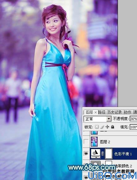 Photoshop美女照片调色教程：给可爱的街景美女照调出时尚的青蓝色