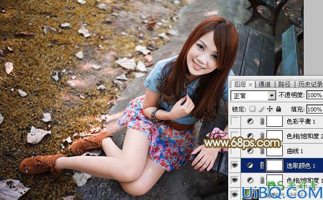 Photoshop调色教程：给洁白如玉的美腿少女公园写真照调出秋季暖褐色