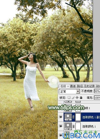 Photoshop调色教程：给春天里外景自拍的性感少妇图片调出灿烂的黄绿色