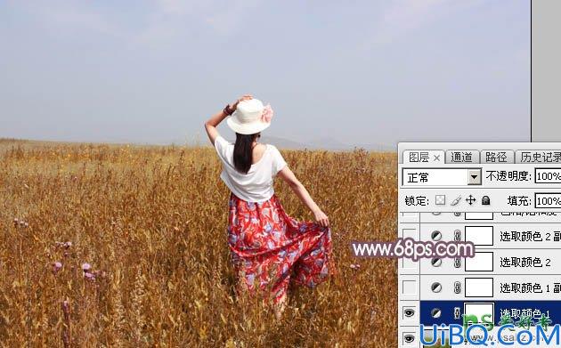 Photoshop美女照片调色实例：给芳草中的清新少女写真照调出秋景青红色