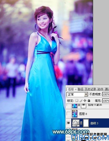 Photoshop美女照片调色教程：给可爱的街景美女照调出时尚的青蓝色