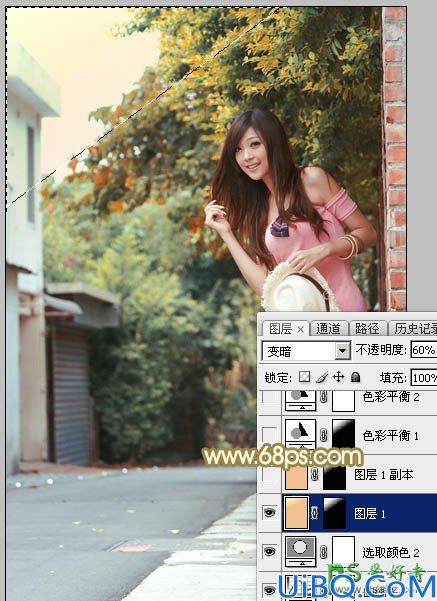 Photoshop给村间小路上自拍的阳光女孩儿艺术照调出绚丽的秋季色