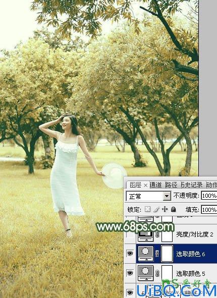 Photoshop调色教程：给春天里外景自拍的性感少妇图片调出灿烂的黄绿色