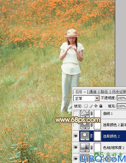 Photoshop给花草甸中的未成年少女写真照调出甜美的韩系粉红色