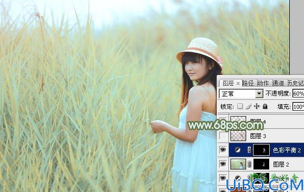 Photoshop调色教程：给芦苇地里青春少女摄影写真照调出青黄色效果