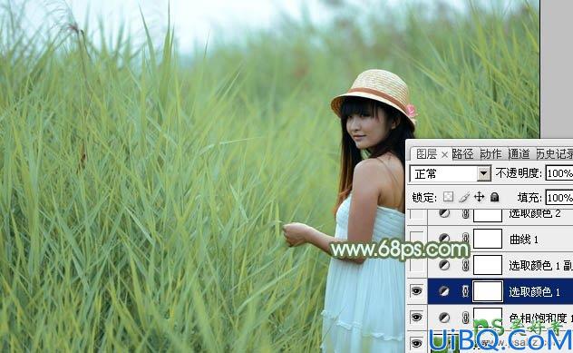 Photoshop调色教程：给芦苇地里青春少女摄影写真照调出青黄色效果