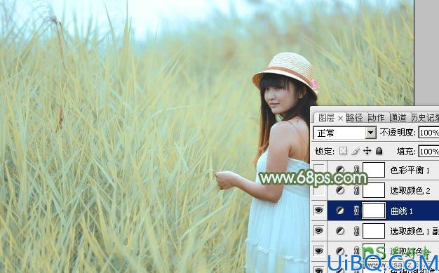 Photoshop调色教程：给芦苇地里青春少女摄影写真照调出青黄色效果