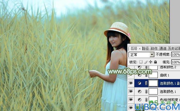 Photoshop调色教程：给芦苇地里青春少女摄影写真照调出青黄色效果