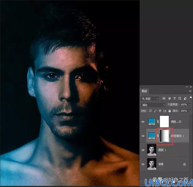 创意照片，在Photoshop用渐变工具和图层混合模式制作红蓝人像照片