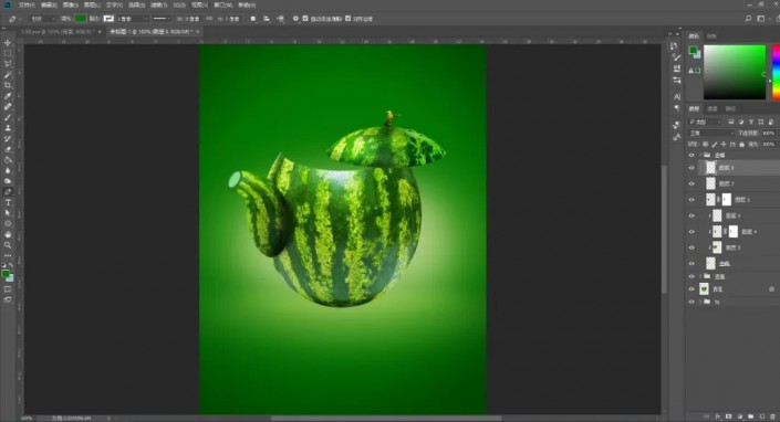 Photoshop创意合成实例：利用合成技术打造一把逼真个性的西瓜茶壶。