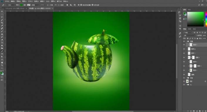 Photoshop创意合成实例：利用合成技术打造一把逼真个性的西瓜茶壶。