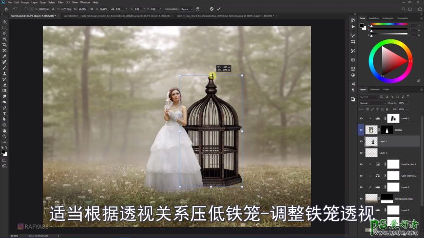 Photoshop创意合成森系婚纱照美女与巨型鸟笼在森林中的秘境场景