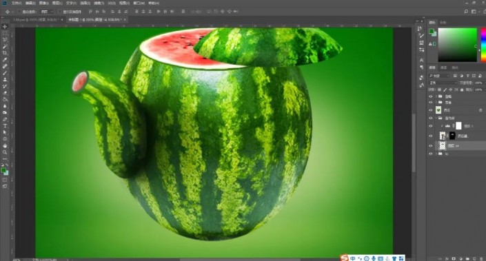 Photoshop创意合成实例：利用合成技术打造一把逼真个性的西瓜茶壶。