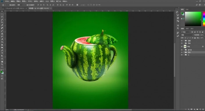 Photoshop创意合成实例：利用合成技术打造一把逼真个性的西瓜茶壶。