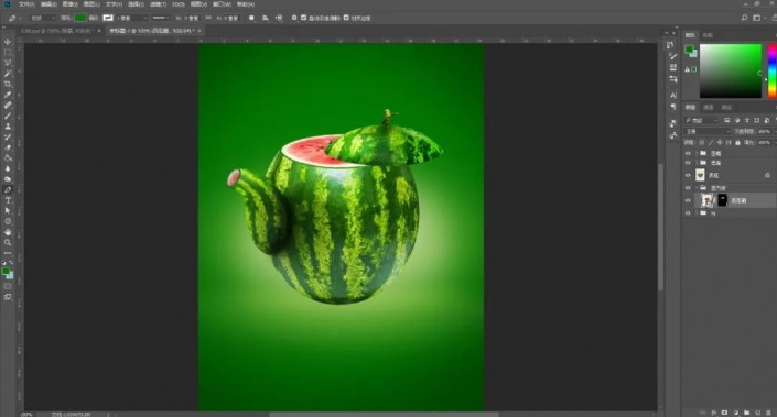 Photoshop创意合成实例：利用合成技术打造一把逼真个性的西瓜茶壶。