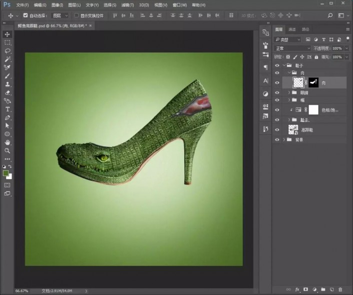 创意合成，制作一款鳄鱼高跟鞋的创意照片