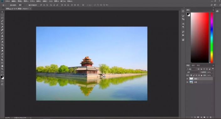 Photoshop抠图换背景教程：给故宫角楼建筑风景照换天空，打造晚霞风格。