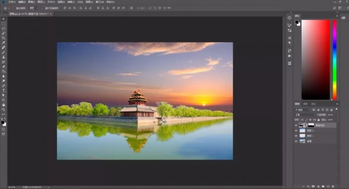 Photoshop抠图换背景教程：给故宫角楼建筑风景照换天空，打造晚霞风格。