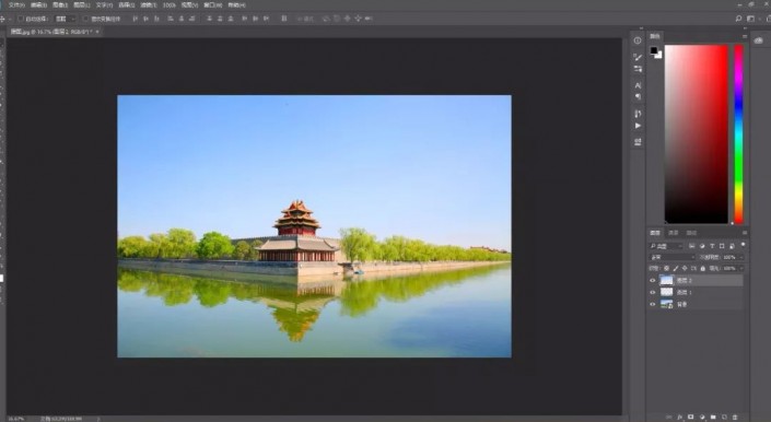 Photoshop抠图换背景教程：给故宫角楼建筑风景照换天空，打造晚霞风格。