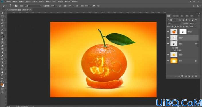 Photoshop创意合成教程：学习把可爱的米老鼠图案合成到桔子身上。