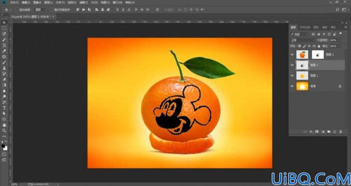 Photoshop创意合成教程：学习把可爱的米老鼠图案合成到桔子身上。