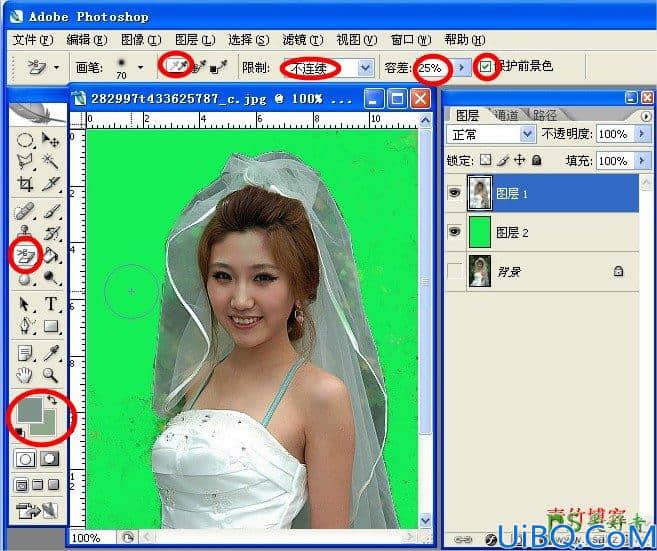 Photoshop抠图教程：学习用背景橡皮擦工具快速抠出美女婚纱照。