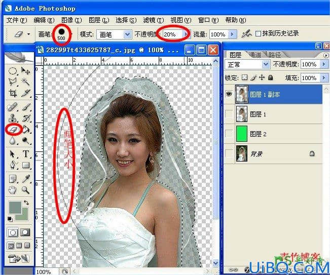 Photoshop抠图教程：学习用背景橡皮擦工具快速抠出美女婚纱照。