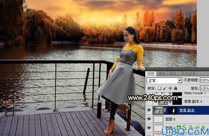 Photoshop给公园湖边自拍的少妇写真照调出漂亮的霞光色彩。