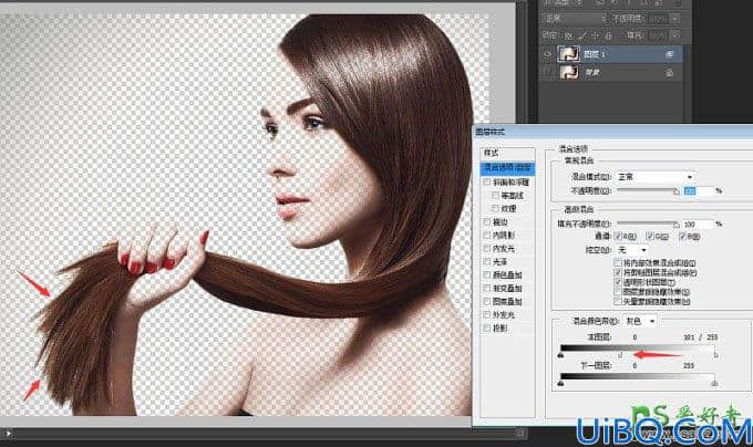 Photoshop扣发丝教程：利用图层样式混合选项抠出美女飘逸的长头发。