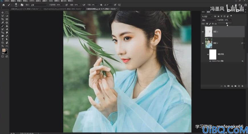 Photoshop给汉服美女写真照调出网红青绿色调，美女网红色。