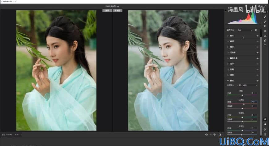 Photoshop给汉服美女写真照调出网红青绿色调，美女网红色。