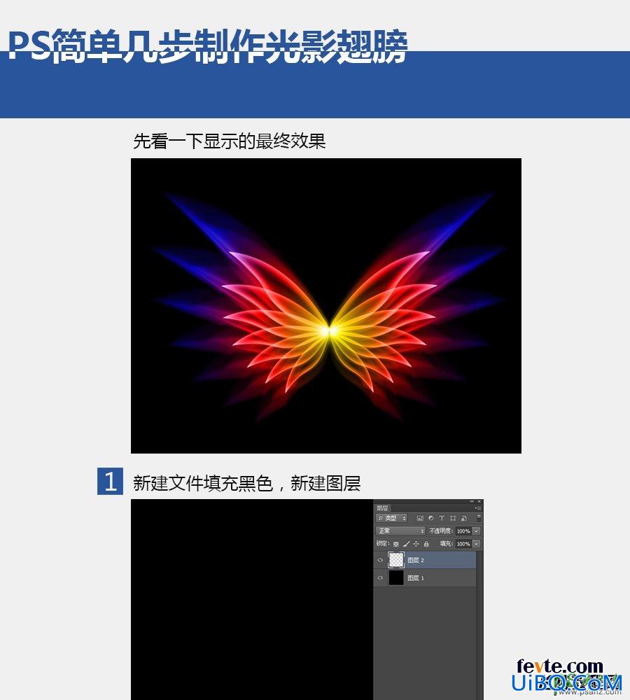 PS简单几步利用滤镜特效制作出超酷的梦幻光影翅膀失量图
