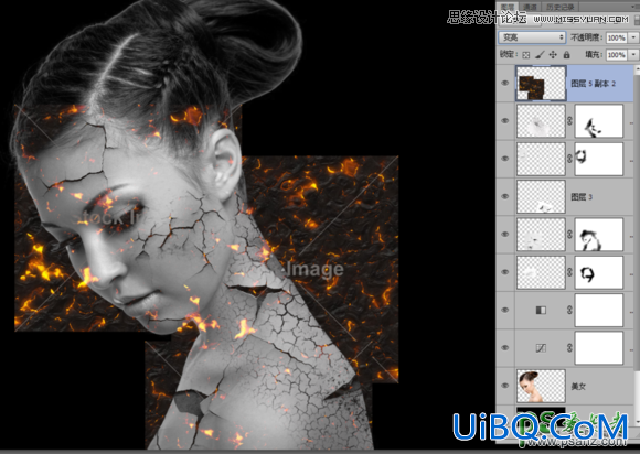 ps美女头像合成教程：创意合成碎裂打散效果的火焰美女头像
