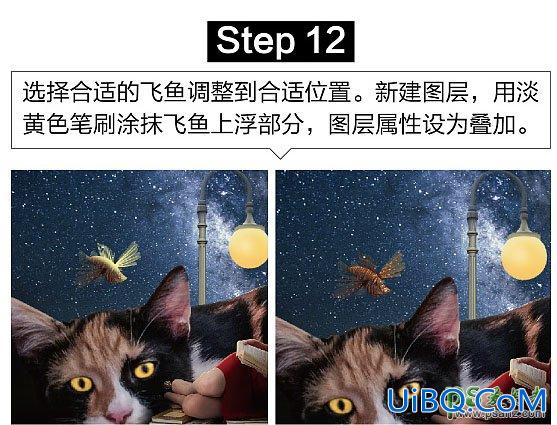 PS合成梦幻星空下大猫与娇宠宝贝少女躺着读书的场景