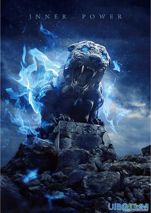 PS合成荒野中发着恐怖幽暗蓝光的凶猛大老虎石头雕像
