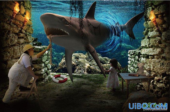 PS创意合成众水族馆中钻出的大鲨鱼特效图片