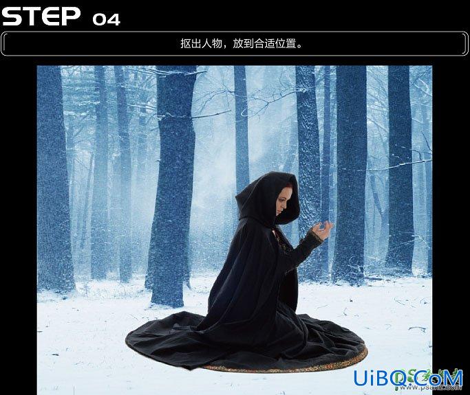 PS合成冬日树林中正在施法的魔法师，下雪树林中的女法师