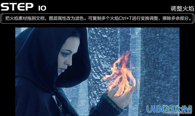 PS合成冬日树林中正在施法的魔法师，下雪树林中的女法师