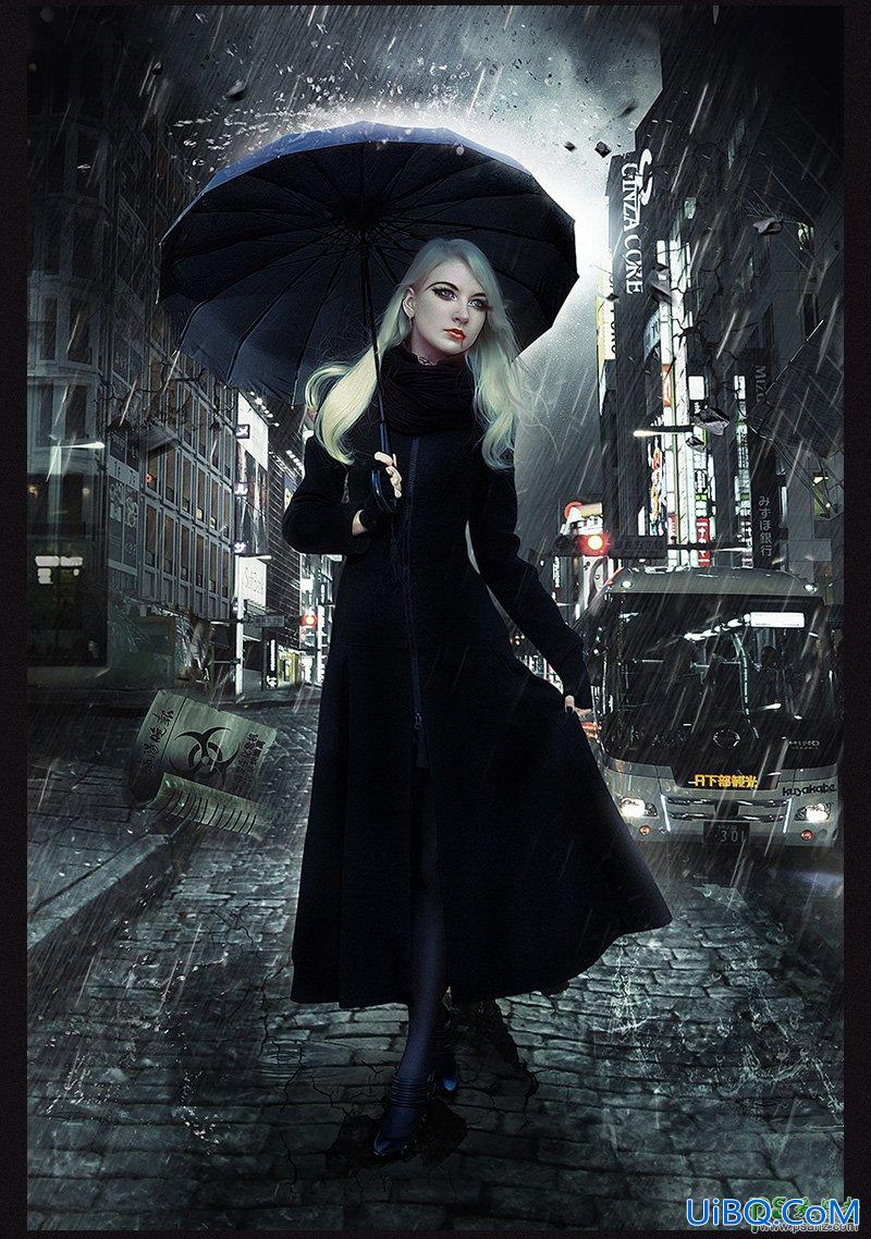 PS合成雨夜中街上行走的恐怖少女，雨中的黑丝金发美女。
