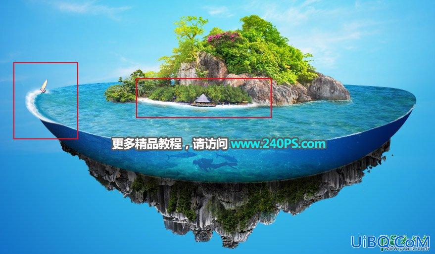 PS合成漂浮的海岛场景图，海洋场景溶图，海洋海岛立体图