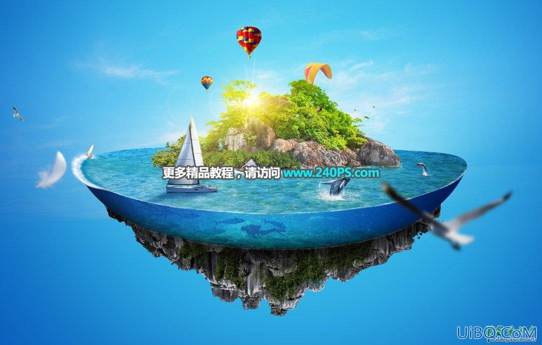 PS合成漂浮的海岛场景图，海洋场景溶图，海洋海岛立体图