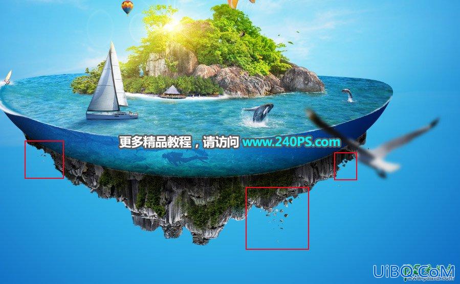 PS合成漂浮的海岛场景图，海洋场景溶图，海洋海岛立体图