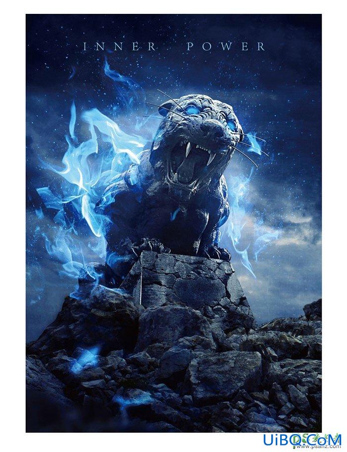 PS创意合成发着恐怖蓝光的石虎，荒野中恐怖的石头老虎。