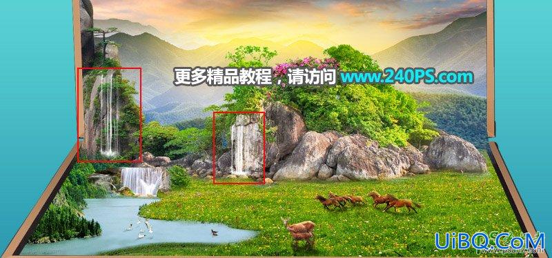 PS合成皮箱中生机勃勃山水场景，一个完美的生态世界。